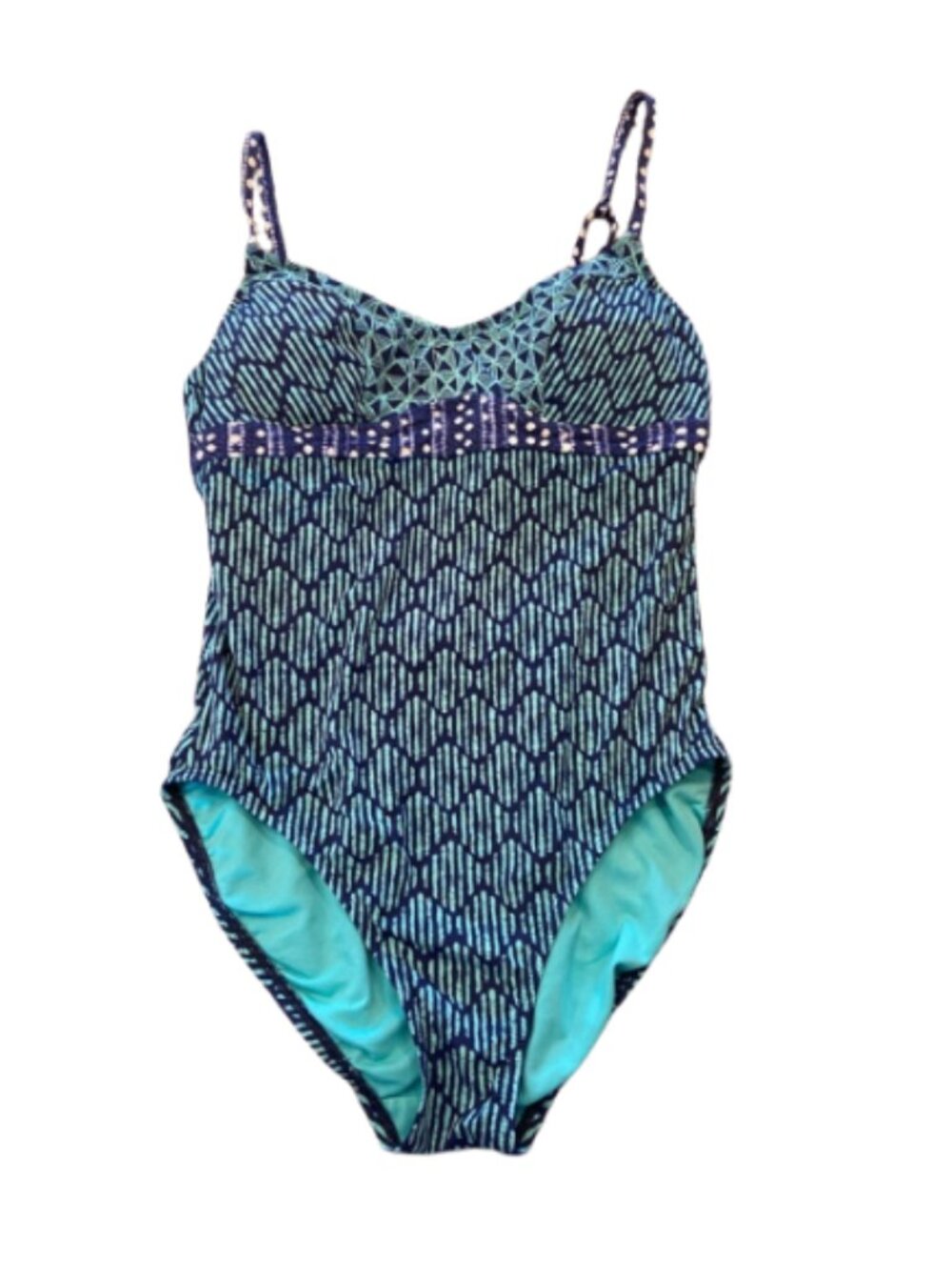 title nine EUC size L geometric blue tropical print one piece swimsuit